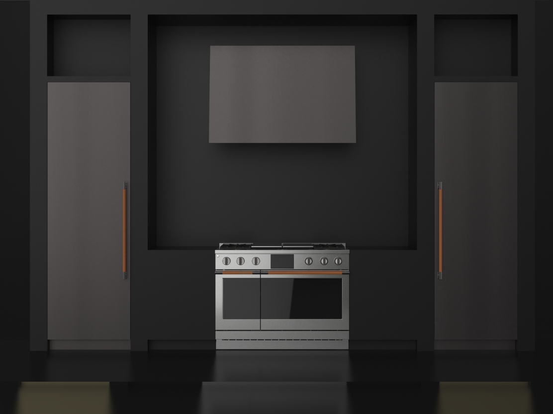 Titanium Collection featuring refrigerator panels, range hood, and leather-wrapped handles on 48in. Monogram Professional Range