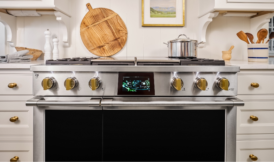 Monogram Professional Range with stainless steel, brass accents and articulating LCD screen