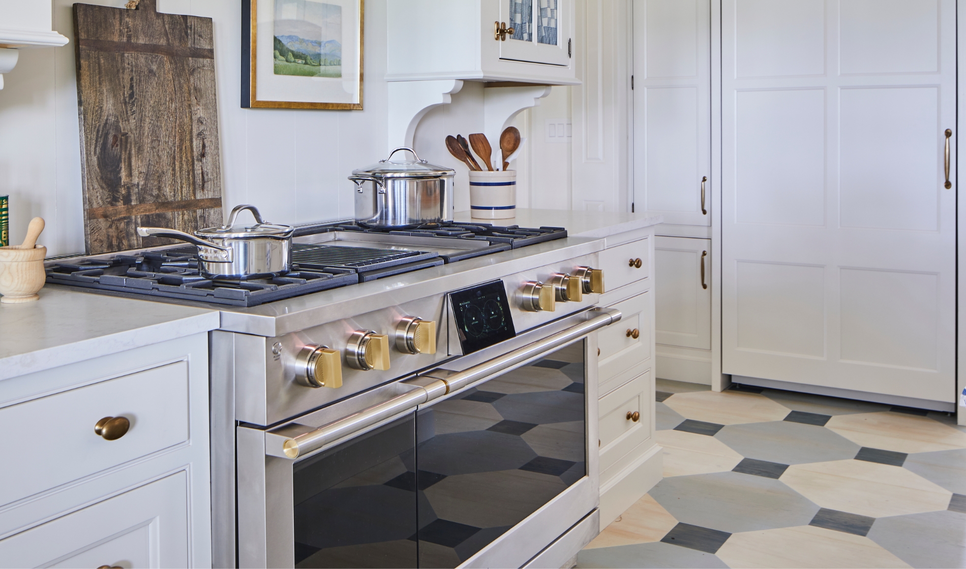 Angled view of Monogram Professional Range in main kitchen