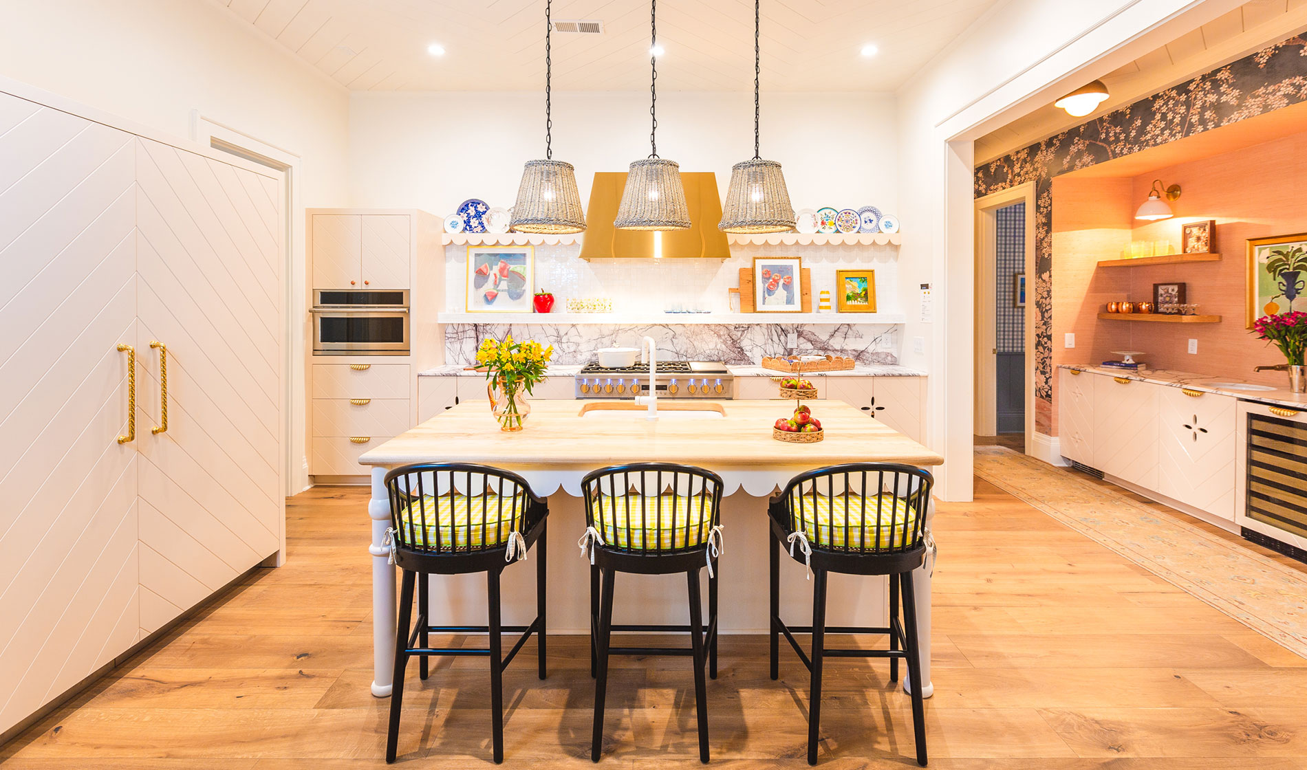 View of full Southern Living Idea House kitchen featuring Monogram Appliances